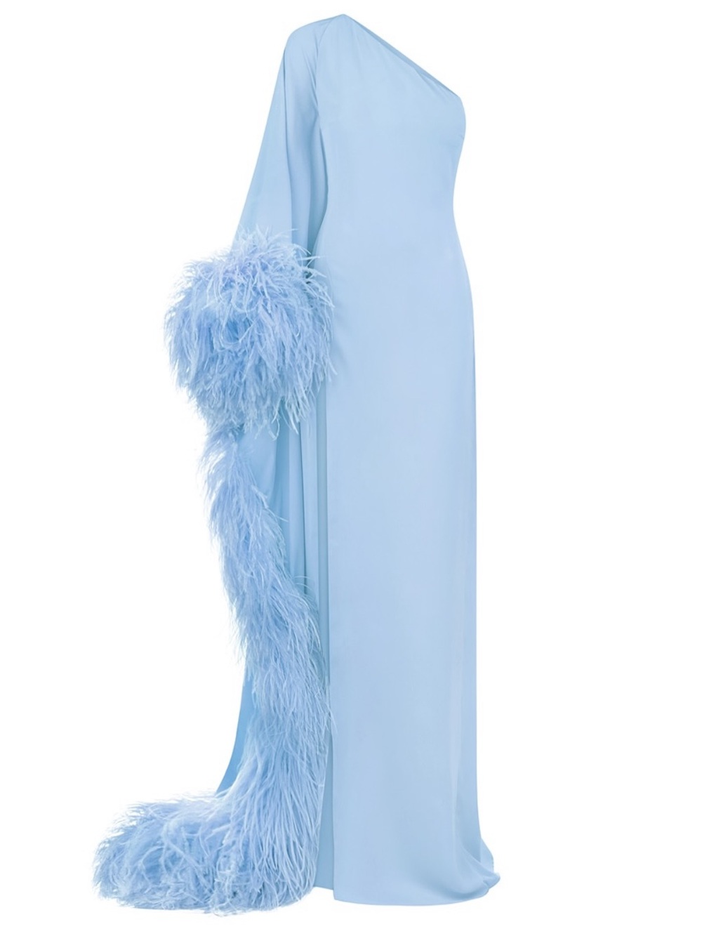 One-Shoulder Feather-Trim Gown in Pale Blue - Picture 4 of 5